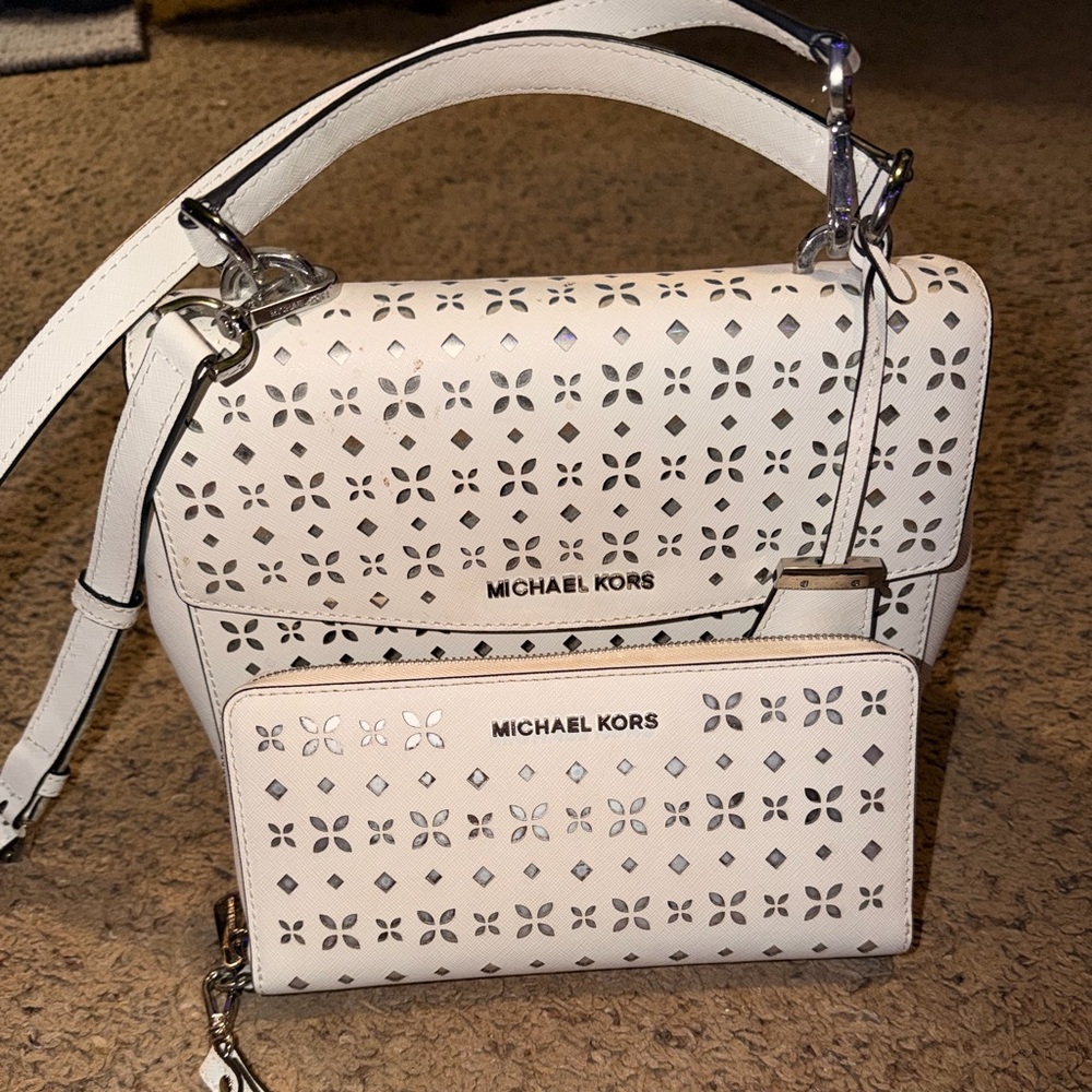Michael Kors White Perforated Leather Crossbody with Matching Wristlet